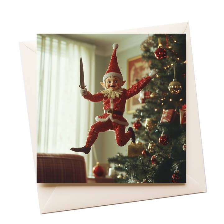 Elf on Shelf Sword Christmas Card for wholesale by Artificial Ink