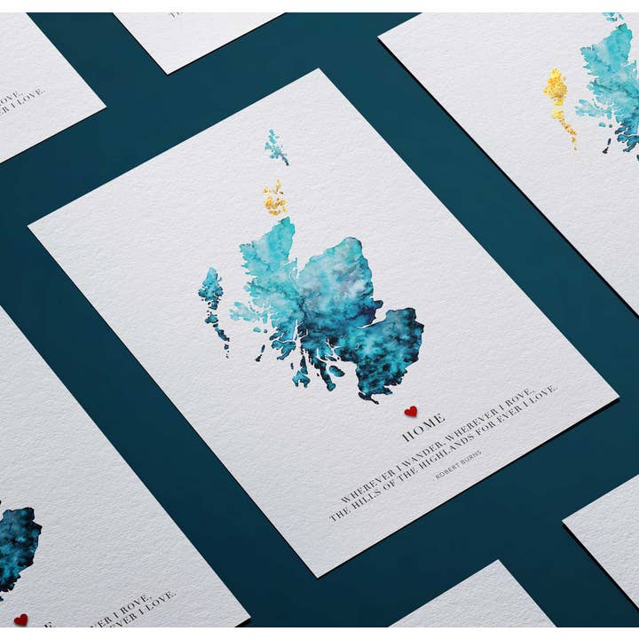 Carte dorée à l'aquarelle de l'Écosse, impression giclée pour la vente par EJayDesign