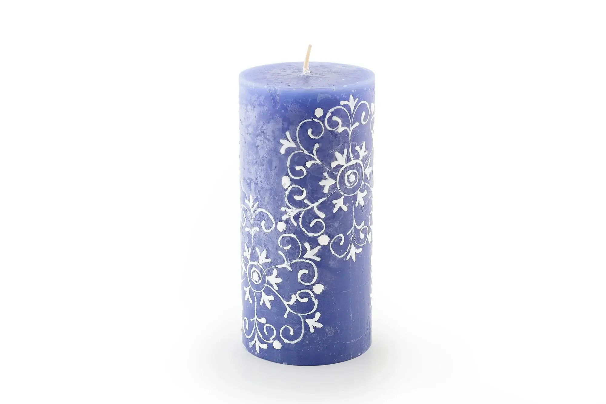 Thumbprint Artifacts - Wholesale Tapered Candle/Candlestick - Henna White on Blue Candle2