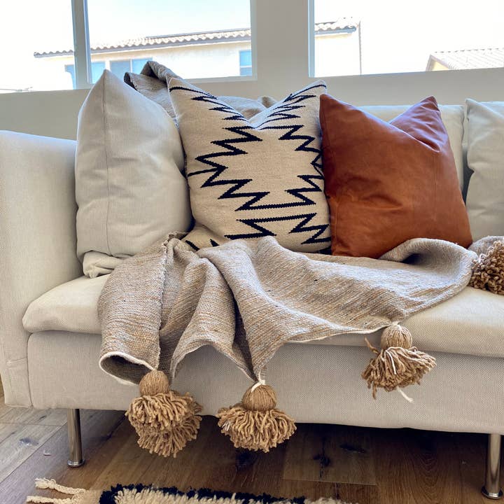 Eclectic Collective - Wholesale Throw Blanket - Pom-Pom Blanket in Tan/Grey