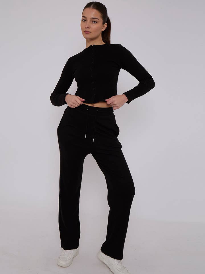 AX Labels - Wholesale Top & Pant Set (NOT Loungewear) - Women's - Ribbed Front Button Detail Top & Wide Leg Trouser Co-ord45