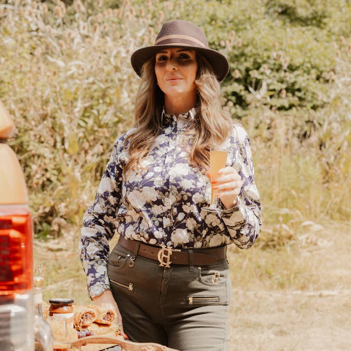 Salamander Shirts Ltd - Wholesale Button Down Shirt - Women's - Grenouille Ladies Long Sleeve Navy with White Rose Shirt3