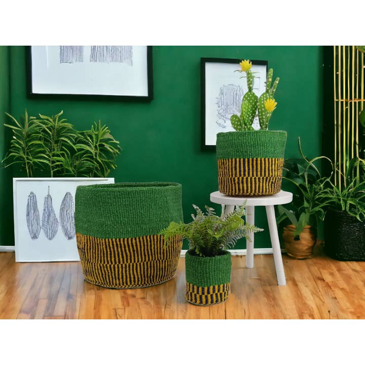 KIJANI - Korbset mit grünem und gelbem Karomuster für den Großhandel von NinaNest Home gifts