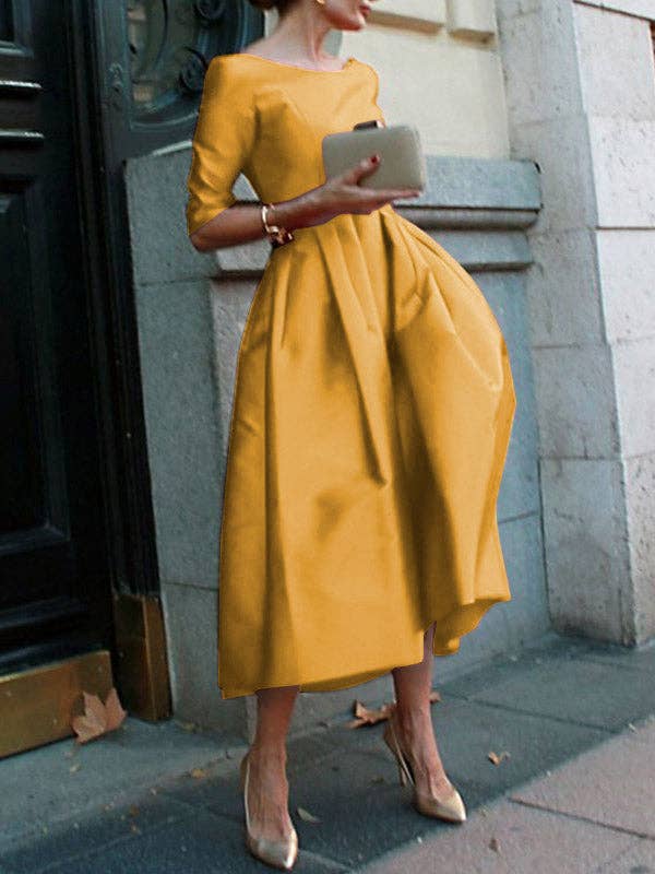 Sheer Trend – Großhandel Kleid – Damen – A-Linien Midi-Kleid mit lockerem Schnitt, Falten, Taschen und Rundhalsausschnitt in Uni-Farbe9