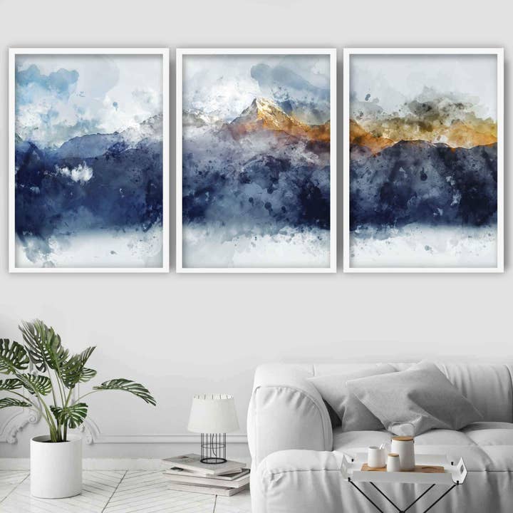 3-delige abstracte kunstprints marineblauw geel gouden berg voor wholesale door Artze Wall Art