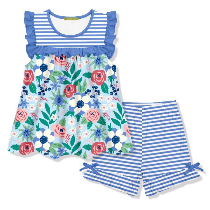 Girls Blue Mandy Floral Ruffle Sleeveless Top & Shorts for wholesale on Faire