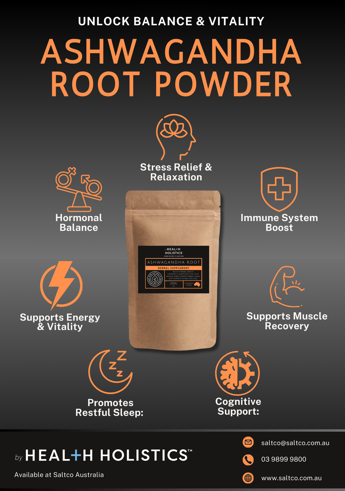 SALTCO AUSTRALIA - Wholesale Protein/superfood powder - by Health Holistics Adaptogenic Ashwagandha Powder – 250 g1