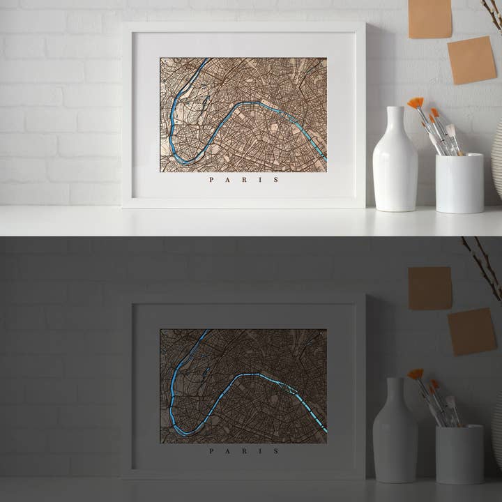 Anpassad självlysande träkarta. Stad gravyr för wholesale av Kustwood