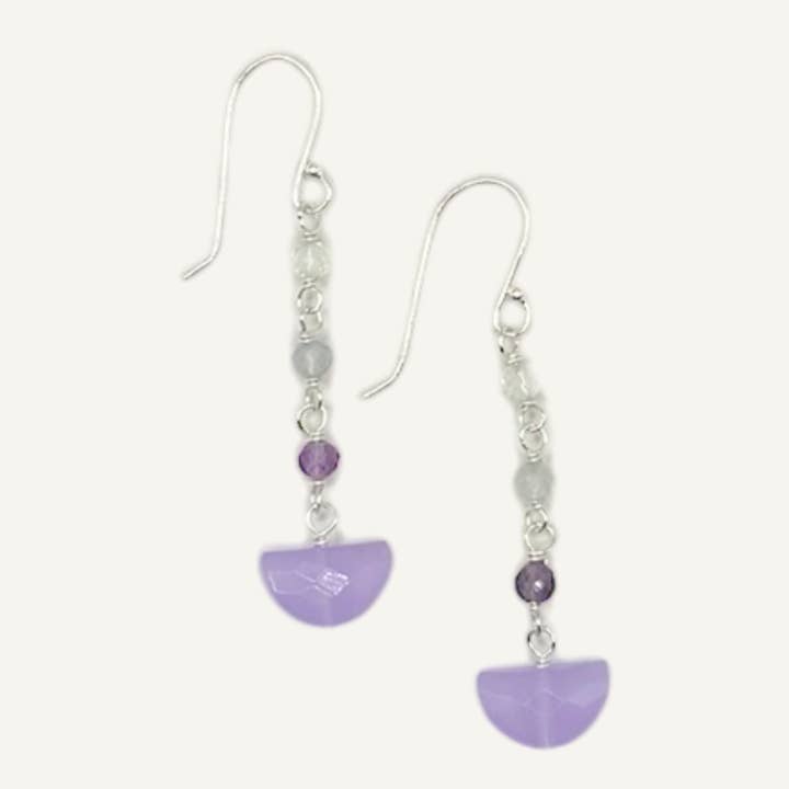 Lilac Chalcedony domes with fluorite earrings for wholesale by Silver Sparrow Jewelry