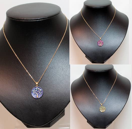 Western Counties Wholesale - Wholesale Pendant/charm necklace - Coloured Tree Of Life Disc On Rose Gold Tone Chain Necklace