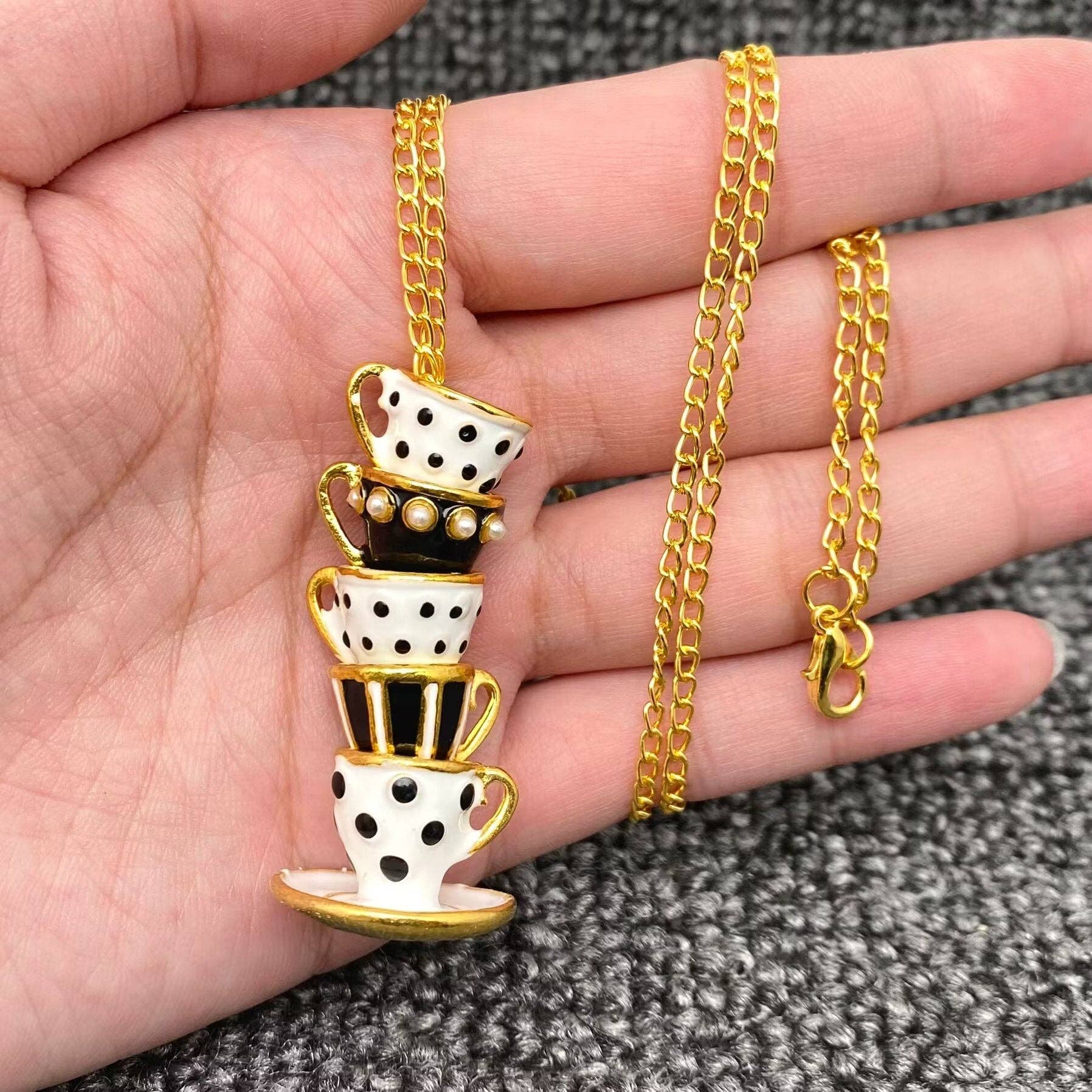 Mio Queena - Wholesale Pendant/Charm Necklace - Colorful Enamel 5 Teacups Linked Charm Necklace2