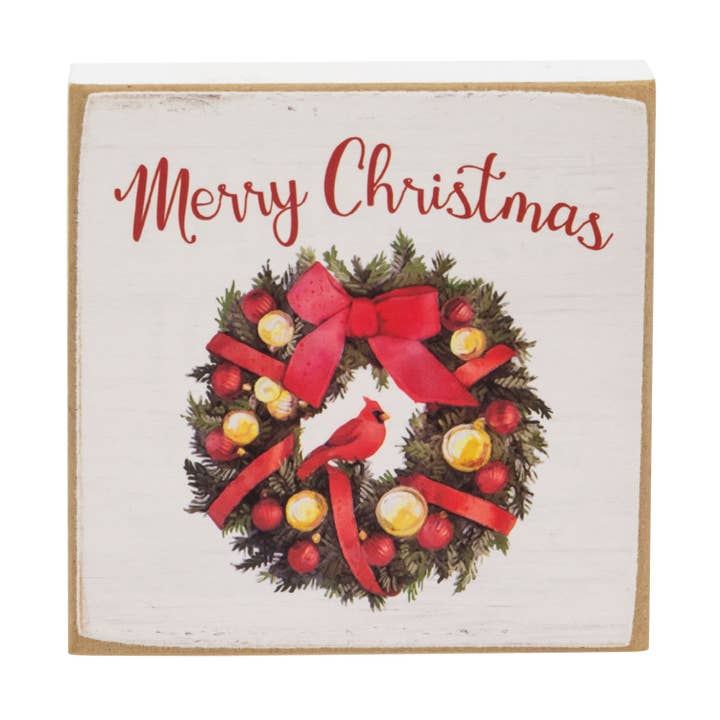 Merry Christmas Wreath Square Block for wholesale by The Hearthside Collection