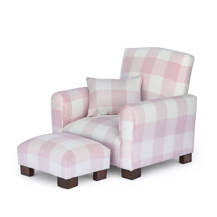 Pink Check Toddler Armchair with Footstool and Pillow for wholesale by The Rose Hill Company