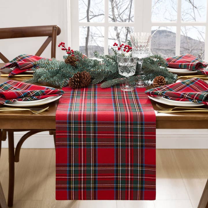 Stowe Tartan Holiday Plaid Cotton Christmas Table Runner for wholesale by Threadmade Home