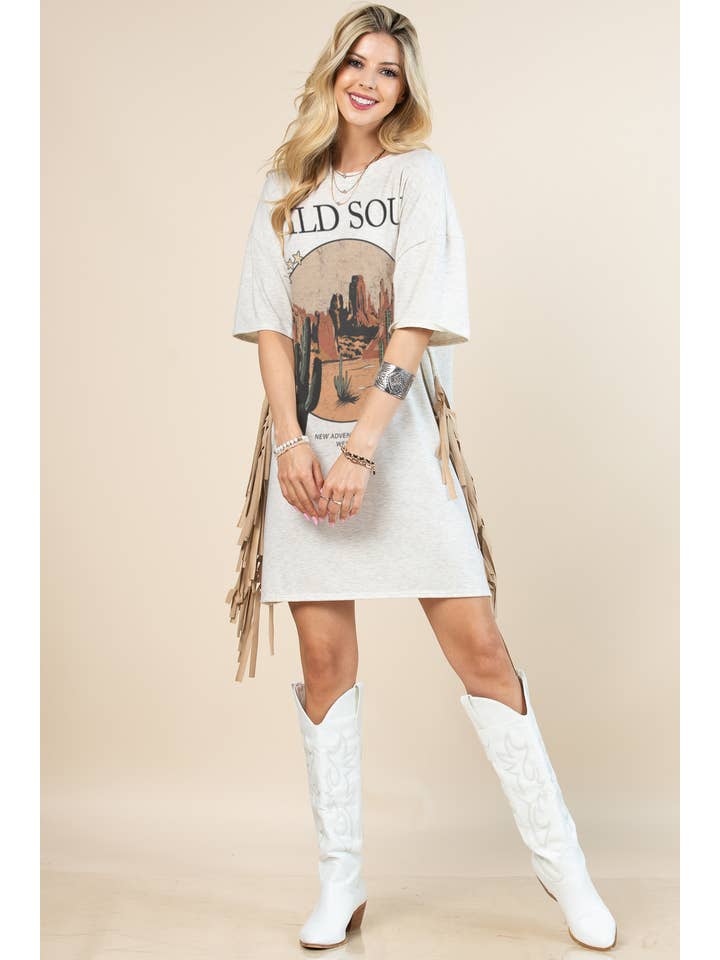 Beige D1593-5234-Gaia Western Wild Soul Print T Shirt Dress for wholesale on Faire