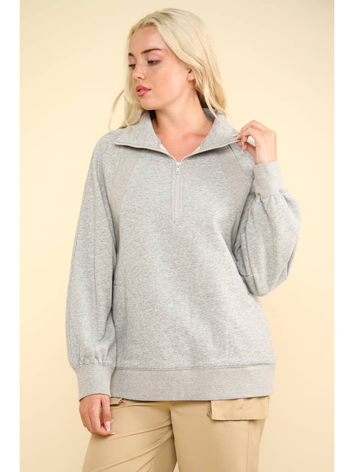 VERY J - Wholesale Sweatshirt - Women's - NT11849-Oversized Sweatshirt Henley Knit Top