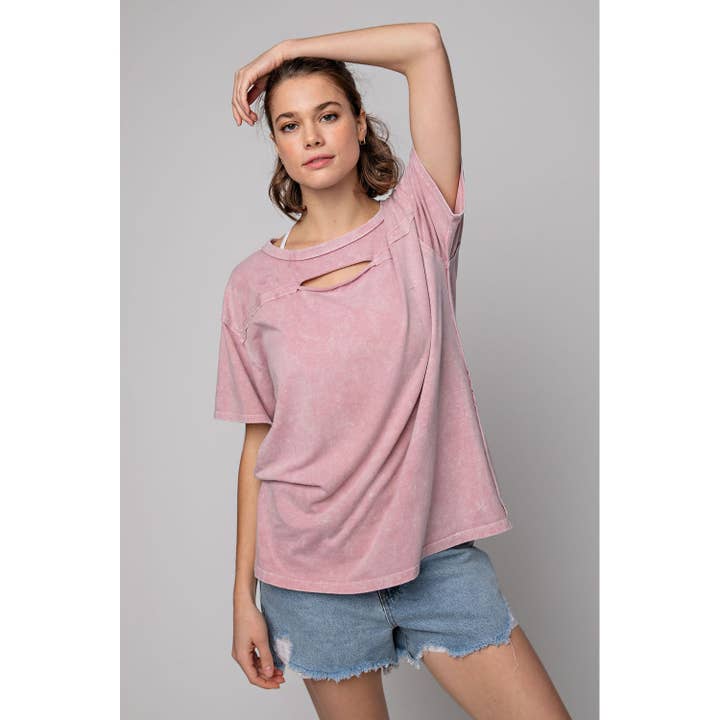 Rae Mode - Wholesale Shirt - Women's - MINERAL WASH SHORT SLEEVE TOP WITH CHEST KEYHOLE