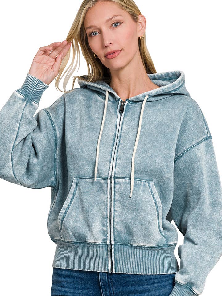 ..SI-25313 Acid Wash Fleece Cropped Zip Up Hoodie for wholesale by 42POPS