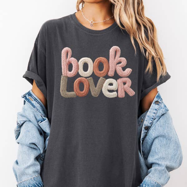 Book Lover Faux Yarn Graphic Tee – Comfort Colors for wholesale by Maria’s Fun Items