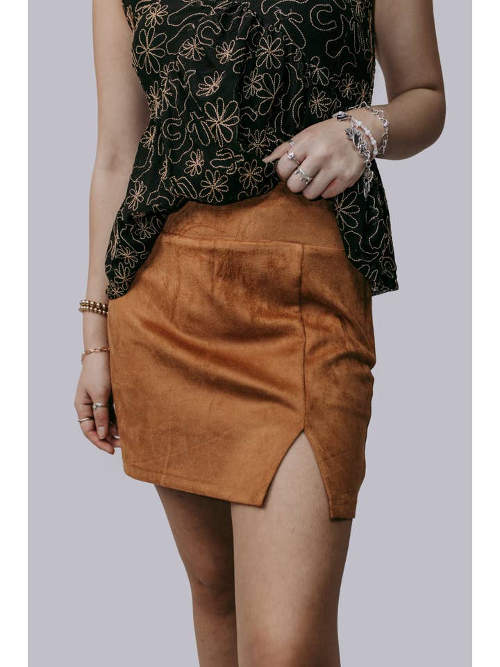 Brown MK697 Suede Side Slit Skort for wholesale on Faire