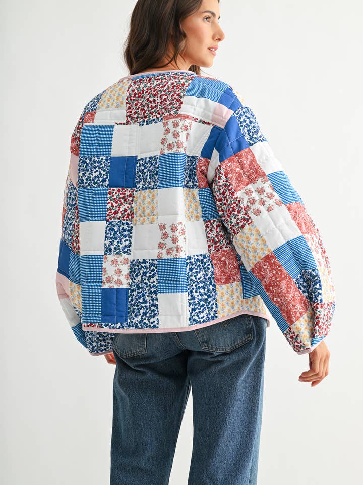 BLUE MULTI CJJ26871 PATCHWORK BLISS QUILTED JACKET for wholesale on Faire13