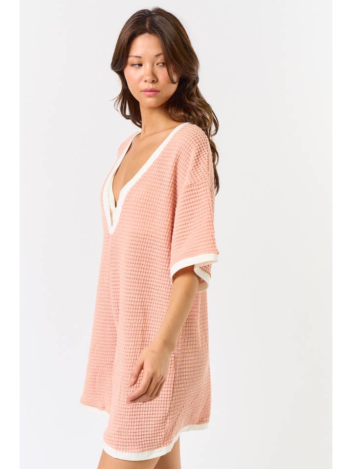 ROSE BR24220 CROCHET OPEN KNIT CONTRAST DEEP V-NECK ROMPER for wholesale on Faire