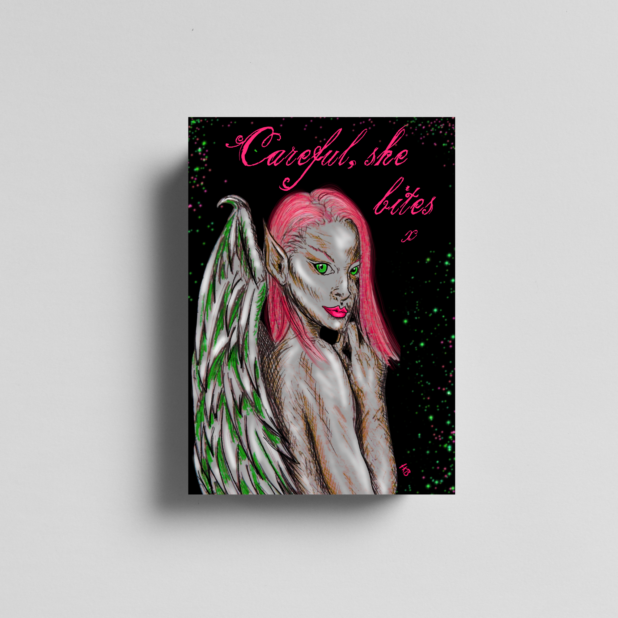 Hannah Kate Makes - Wholesale Art Print - Dark Angel Art Print - Careful She Bites - A5/A4  Pink/Green9