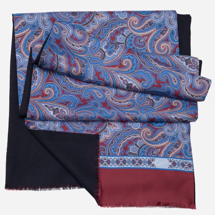 Sorrento - Wool Backed Silk Scarf - Blue & Venetian Red for wholesale by Elizabetta Made in Italy USA