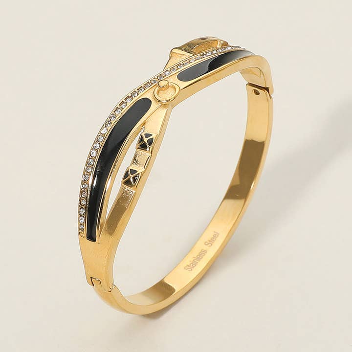 Sensibling Corp. - Wholesale Bangle Bracelet - Stainless Steel Geometric Stone Paved Enamel Inlay Accent Hinged Bangle Bracelet