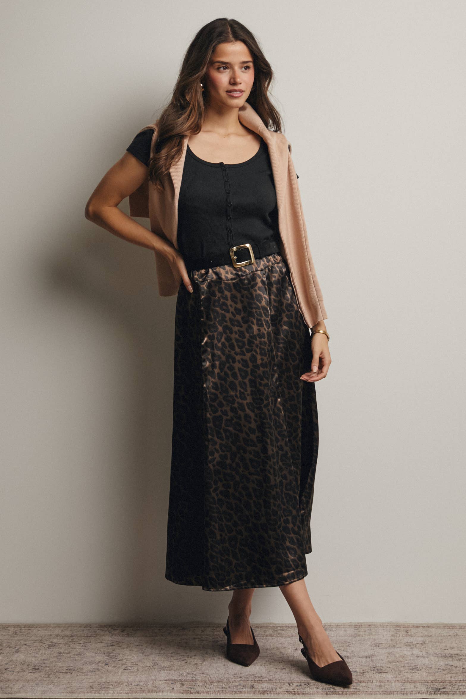 Forte - Wholesale Skirt - Women's - Leopard Print Satin Midi Skirt FSK000710