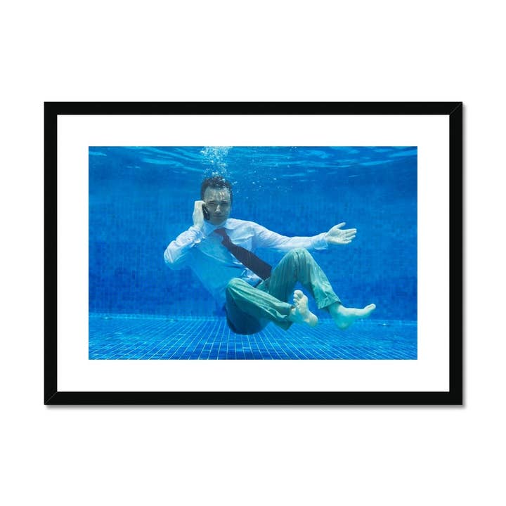 Businessman on the phone underwater Framed & Mounted Print for wholesale by Sorbey