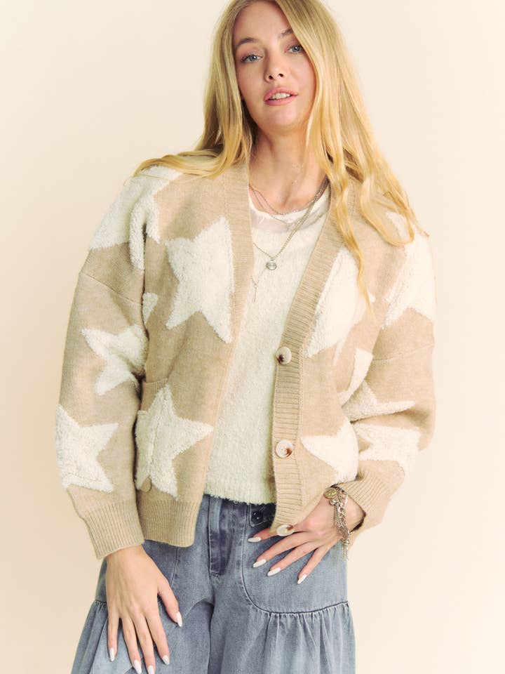 Davi & Dani - Wholesale Cardigan - Women's - FUZZY KNIT STAR LOOSE FIT BUTTON DOWN CARDIGAN11