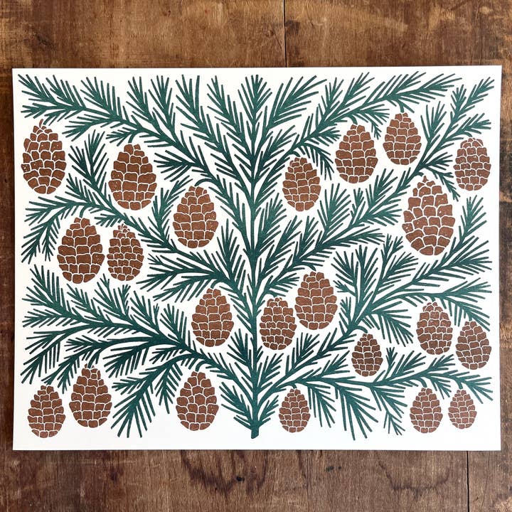 Katharine Watson - Wholesale Art Print - Holiday Garden Series: Pinecone Risograph Print