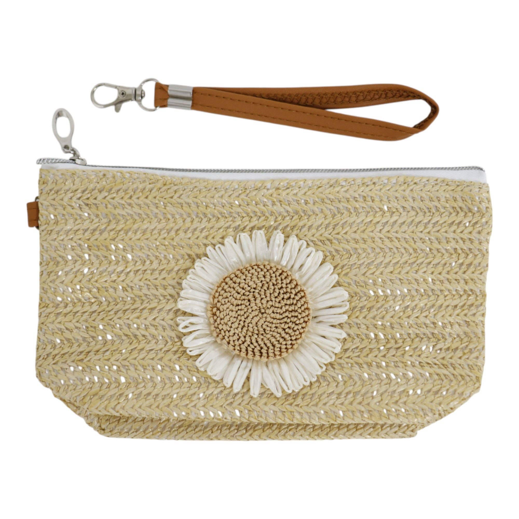 ASSORTED Daisy Flower Straw Makeup Pouch JB5526-7. (12PC) for wholesale on Faire6