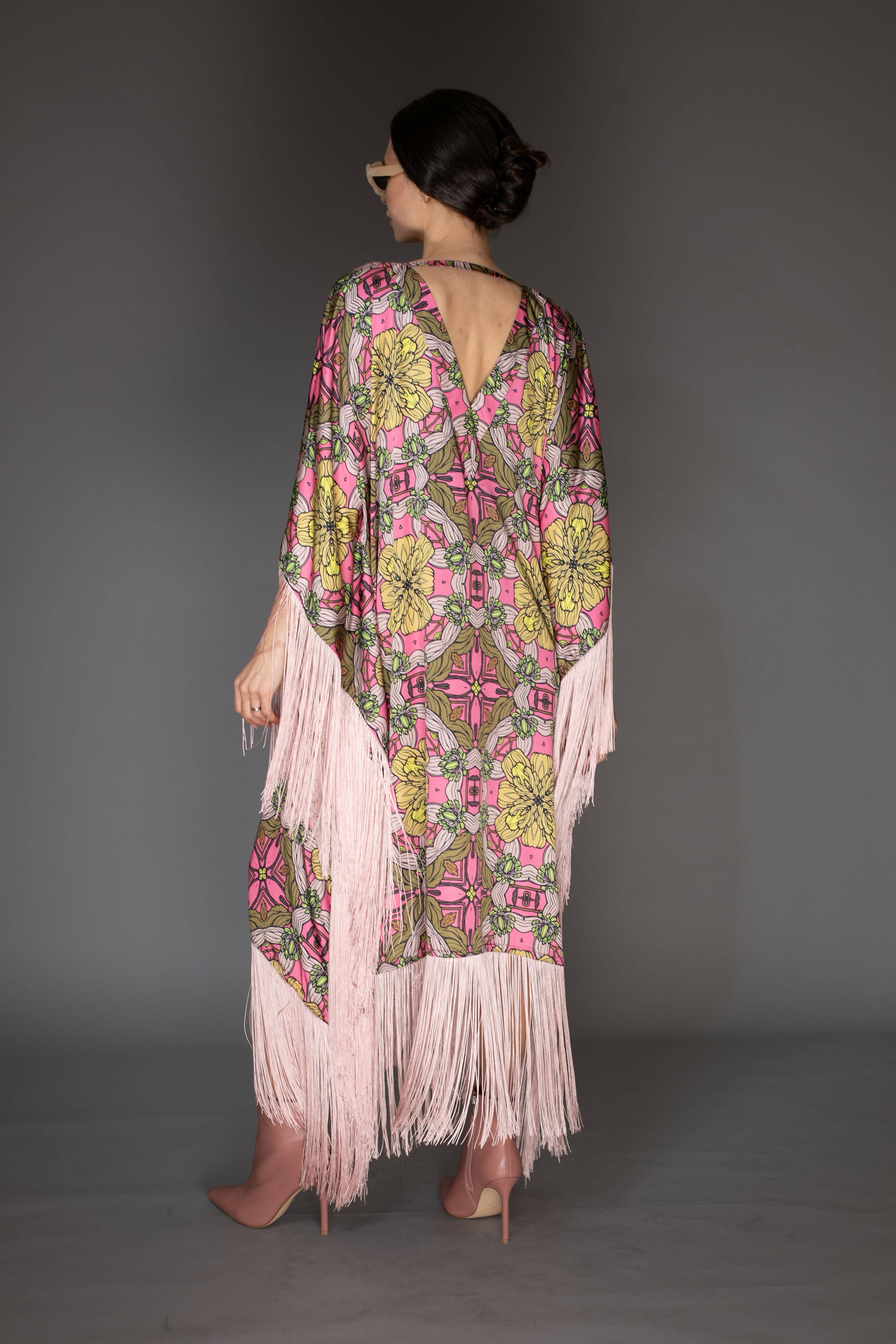 Rose Pink Fringed Satin Long Kaftan Dress for wholesale on Faire2
