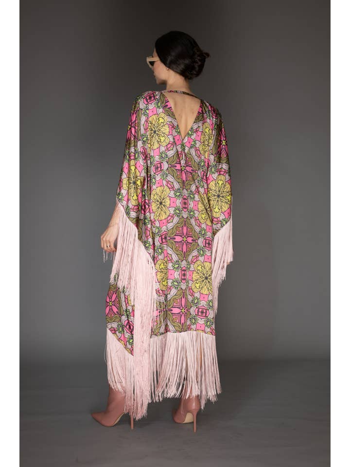 Rose Pink Fringed Satin Long Kaftan Dress for wholesale on Faire2