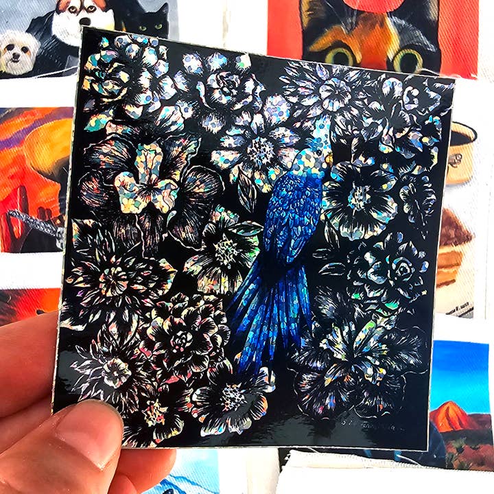 Adesivo in Vinile Glitterato con Uccello Blu e Fiori per la vendita all'ingrosso da parte di MeerCatArt