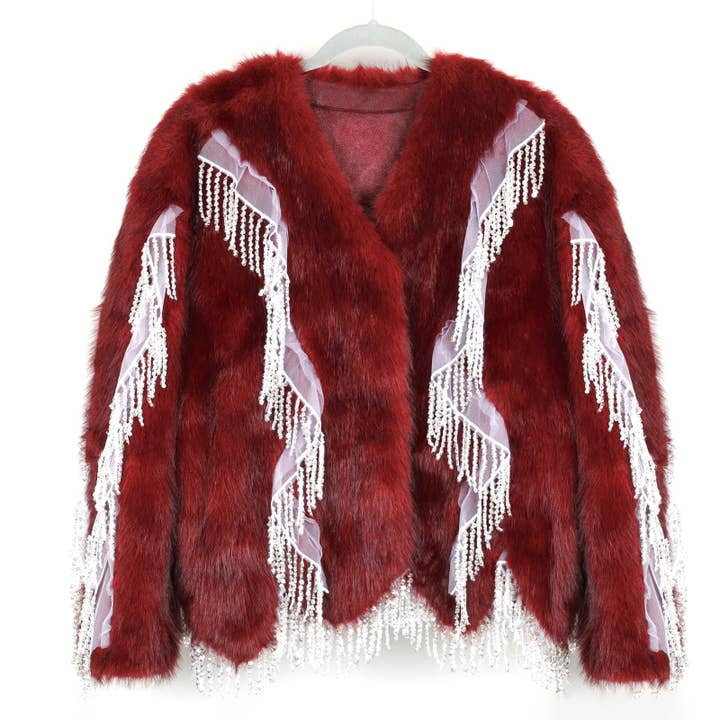PEACH ACCESSORIES – wholesale Fur/faux fur coat – Women's – Faux Fur Coat with Beaded Fringe Tassels DH21