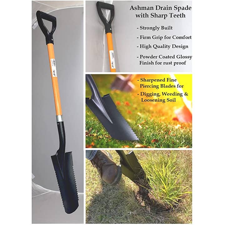 Ashman Online - Wholesale Garden Tool - Ashman Drain Spade with Sharp Teeth - 48 Inches Long Handle Spade with D Handle Grip - Fiber Glass Handle with 16 Inch Metal Blade, Multipurpose Spade4