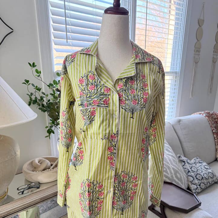 Cotton Pj's Set Striped Women Long Sleeve, Green Block Print for wholesale by Sunny Dzyns