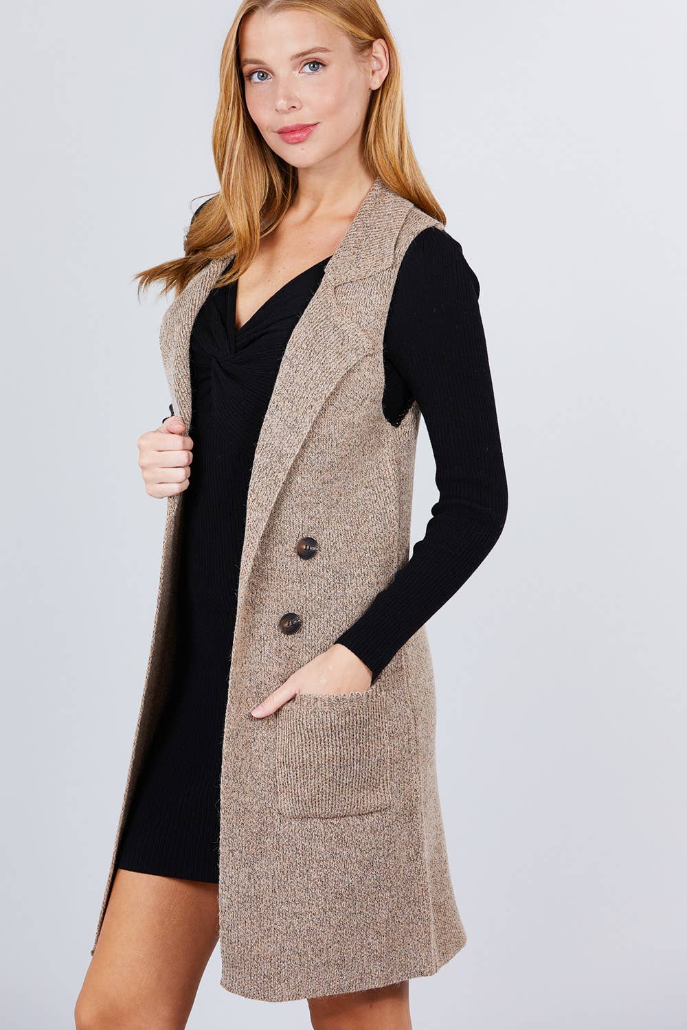 Active Basic | Active USA - Wholesale Outerwear Vest - Women's - Sleeveless Notched Collar Long Sweater Vest52