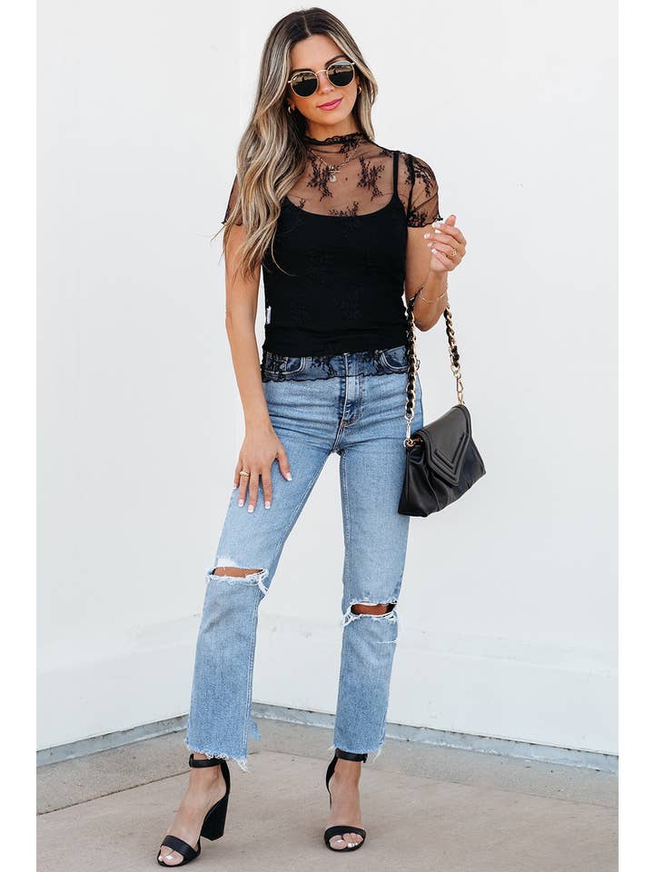 Black Floral Sheer Mesh Short Sleeve High Neck Blouse S-4X for wholesale on Faire