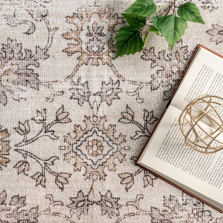 Beige Deadra Vintage Floral Machine Washable Area Rug for wholesale on Faire