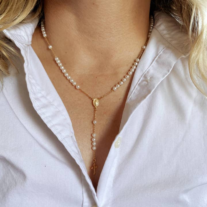 GoldFi - Wholesale Prayer Beads Necklace - 18k Gold Filled Our Lady of Graces Pearl Rosary Necklace