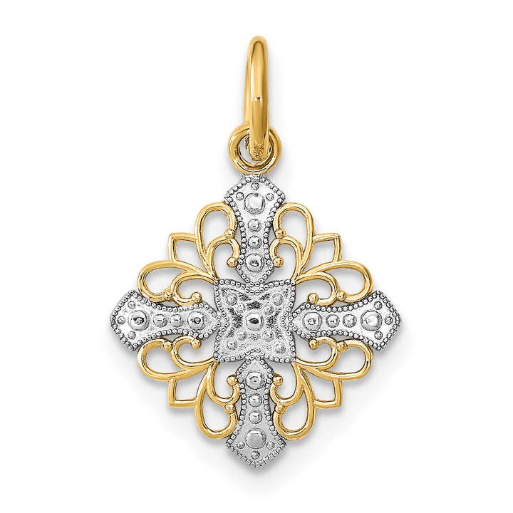 10K w/Rhodium and D/C Filigree Medallion Charm for wholesale by Sophia Jewelers