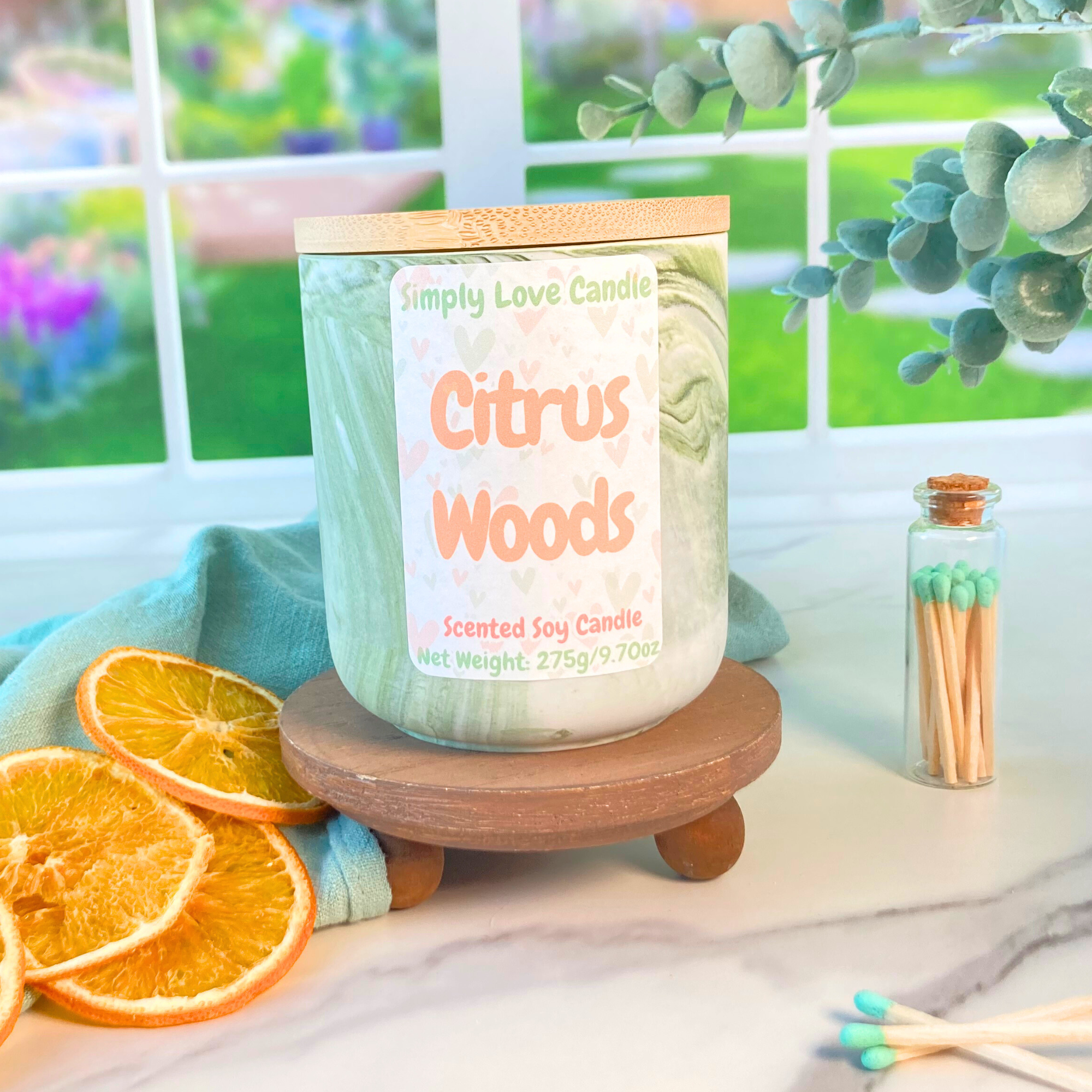 Simply Love Candle - Wholesale Jar/Filled Candle - Evergreen  + Citrus Soy Candle | Marble Green + White Candle1