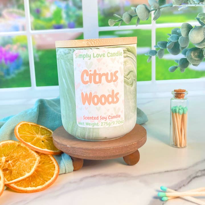 Simply Love Candle - Wholesale Jar/Filled Candle - Evergreen + Citrus Soy Candle | Marble Green + White Candle1