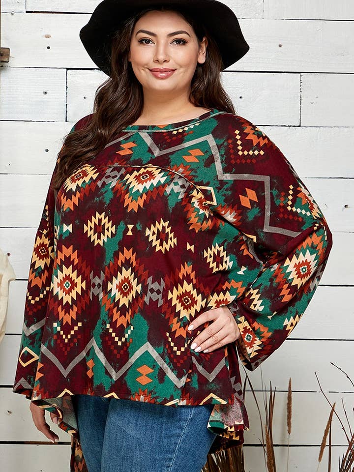 Shopin LA - Wholesale Lounge Top - Women's - ST21113P - WOMEN AZTEC PRINT REVERSE SEAM PONCHO STYLE TUNIC