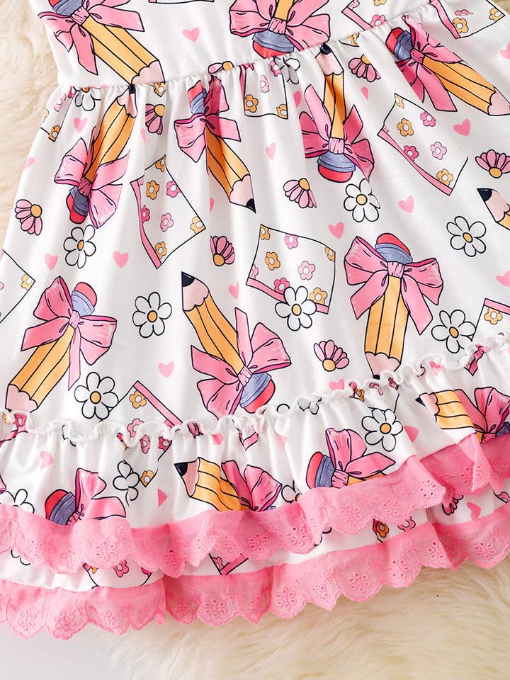 Kids Charm Online - Vente Robe – enfant - Robe de rentrée scolaire imprimée de fleurs mignonnes avec bordure en dentelle rose. DRG511711