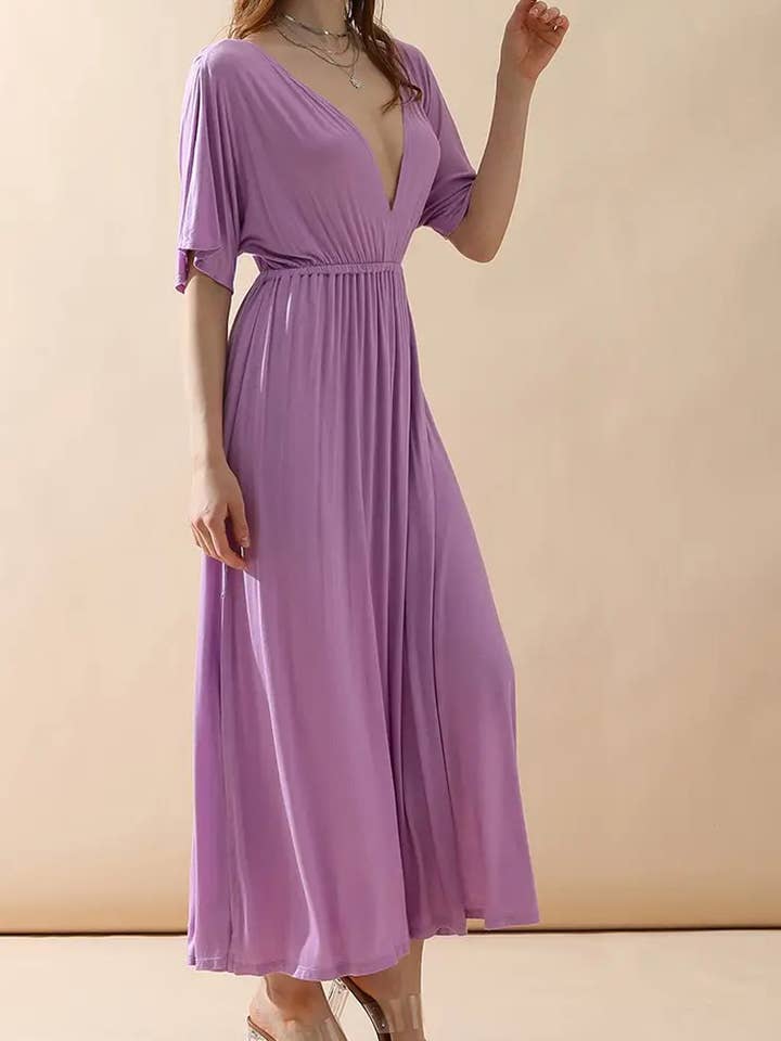 ACCITY - Wholesale Dress - Women's - V-Neck Short Sleeve Back Bow Empire Dress3